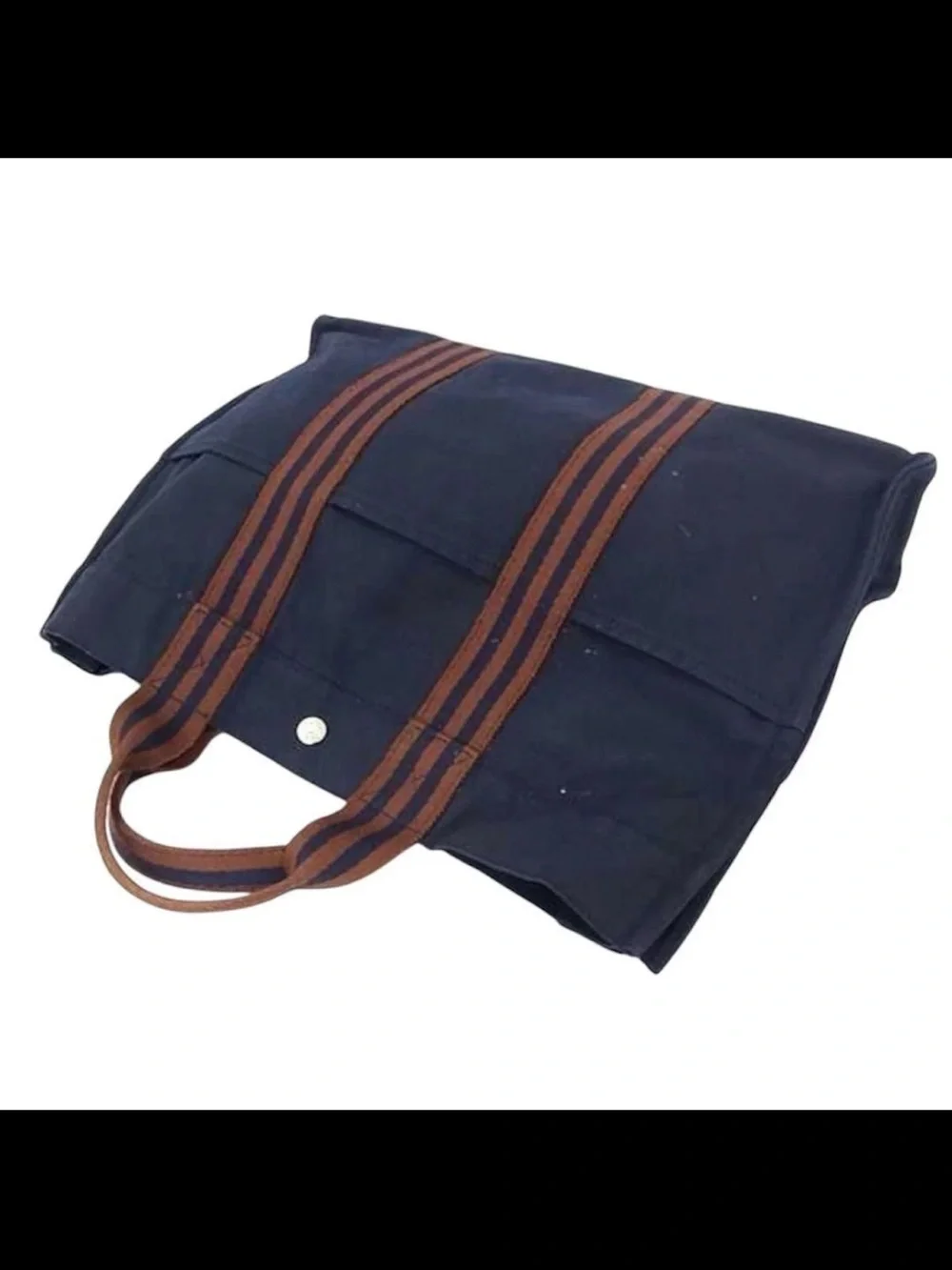 Hermes Navy Canvas Tote with Brown Striped Web Handles